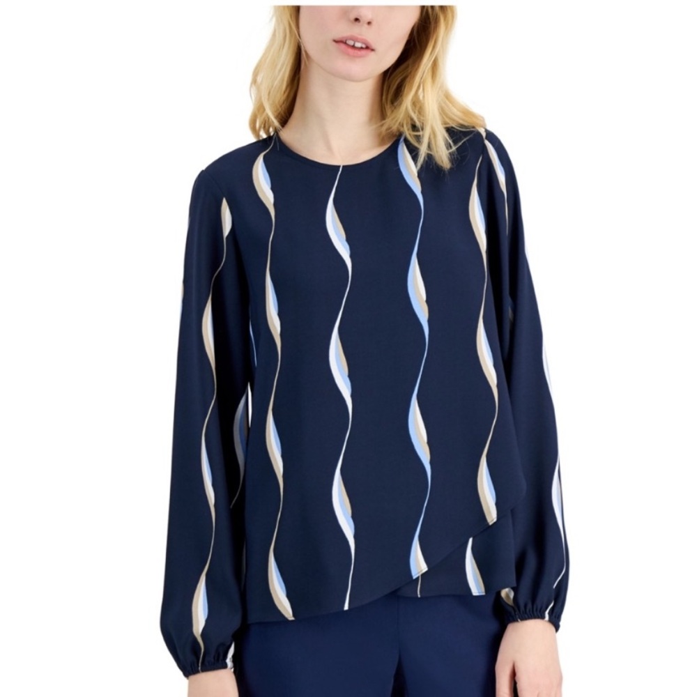 Alfani | Navy Crossover Hem Long Sleeve Blouse NWT - Picture 2 of 12
